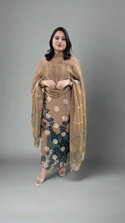 Unstitched Muslin Jacquard Dress Material with Digital Print, Canvas Satin Bottom and Silk Embroidered Dupatta