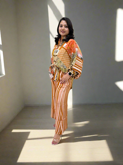 Viscose Crepe Digitally Printed Top with Matte Satin Digitally Printed Bottom – Women’s Fusion Wear Set (L to 2XL)