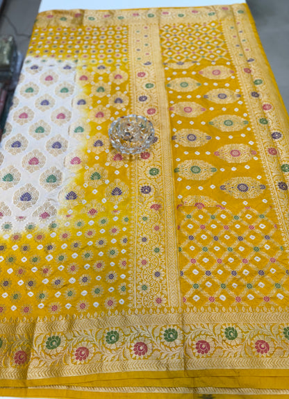 Banarasi dupiyan bandhani saree with semi-weaving neemjari work and hand chunri craftsmanship
