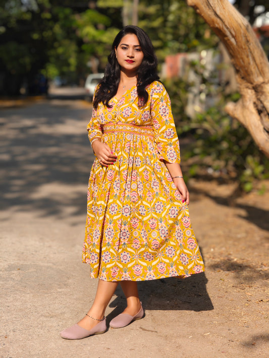 Yellow Cotton Floral Print Midi Dress for Women – Sizes M to XL