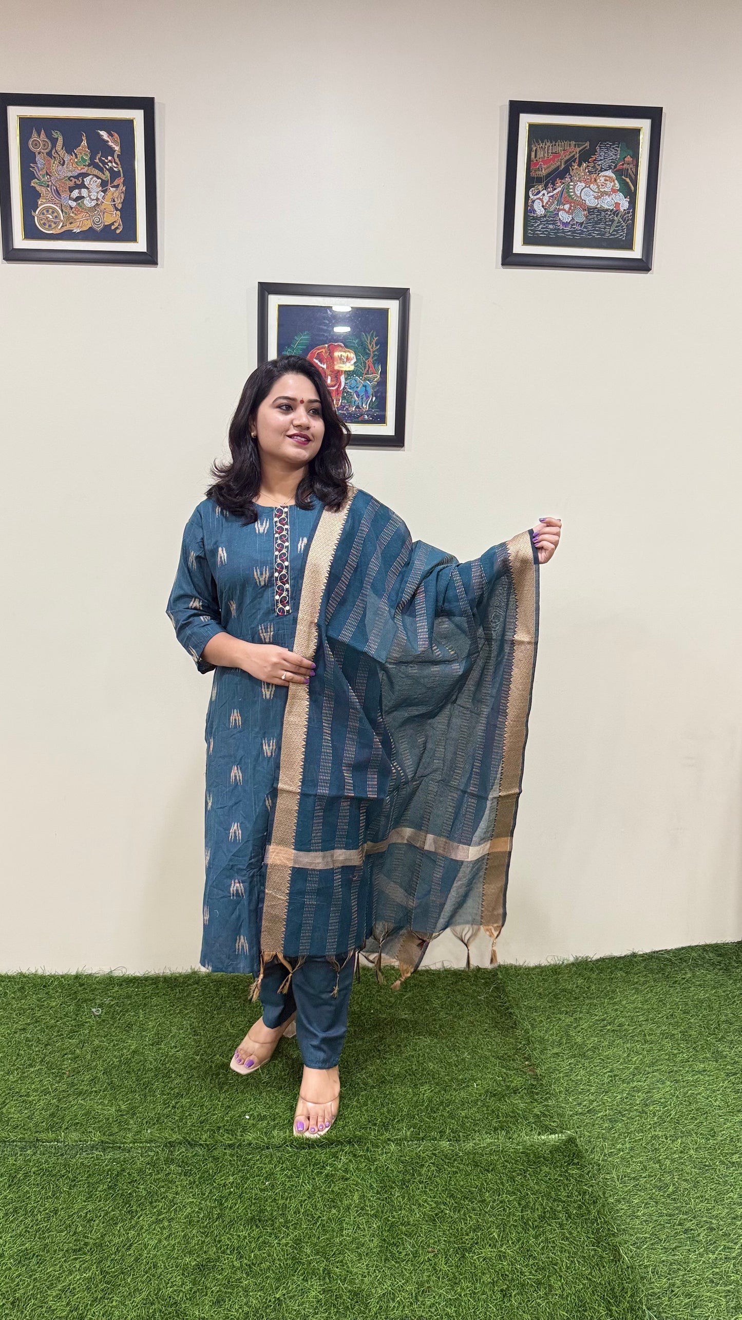 Cotton Handloom Straight Cut Kurta Pant Dupatta Set with Embroidery – Plus Sizes XL to 3XL