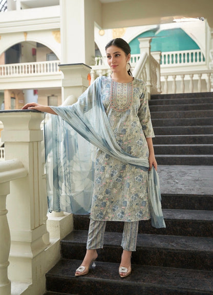 Bamboo Fabric Dobby Foil Print Straight Cut Kurta Pant Dupatta Set with Embroidery – Sizes XL to 3XL