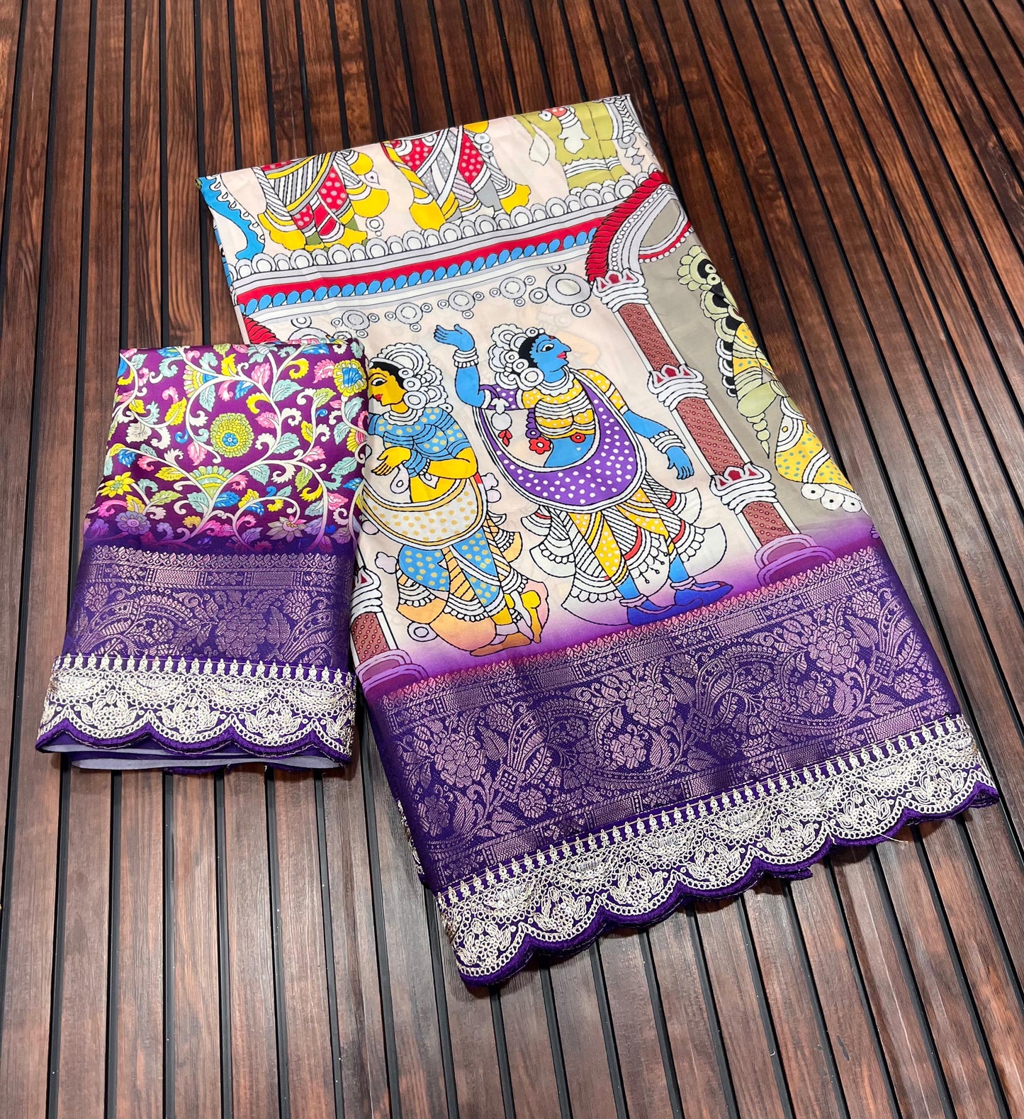 Dola Lichi Soft Silk Saree with Jacquard Jari Weaving, Pichwai Kalamkari Print and Sequins Lace Border