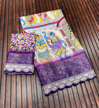 Dola Lichi Soft Silk Saree with Jacquard Jari Weaving, Pichwai Kalamkari Print and Sequins Lace Border