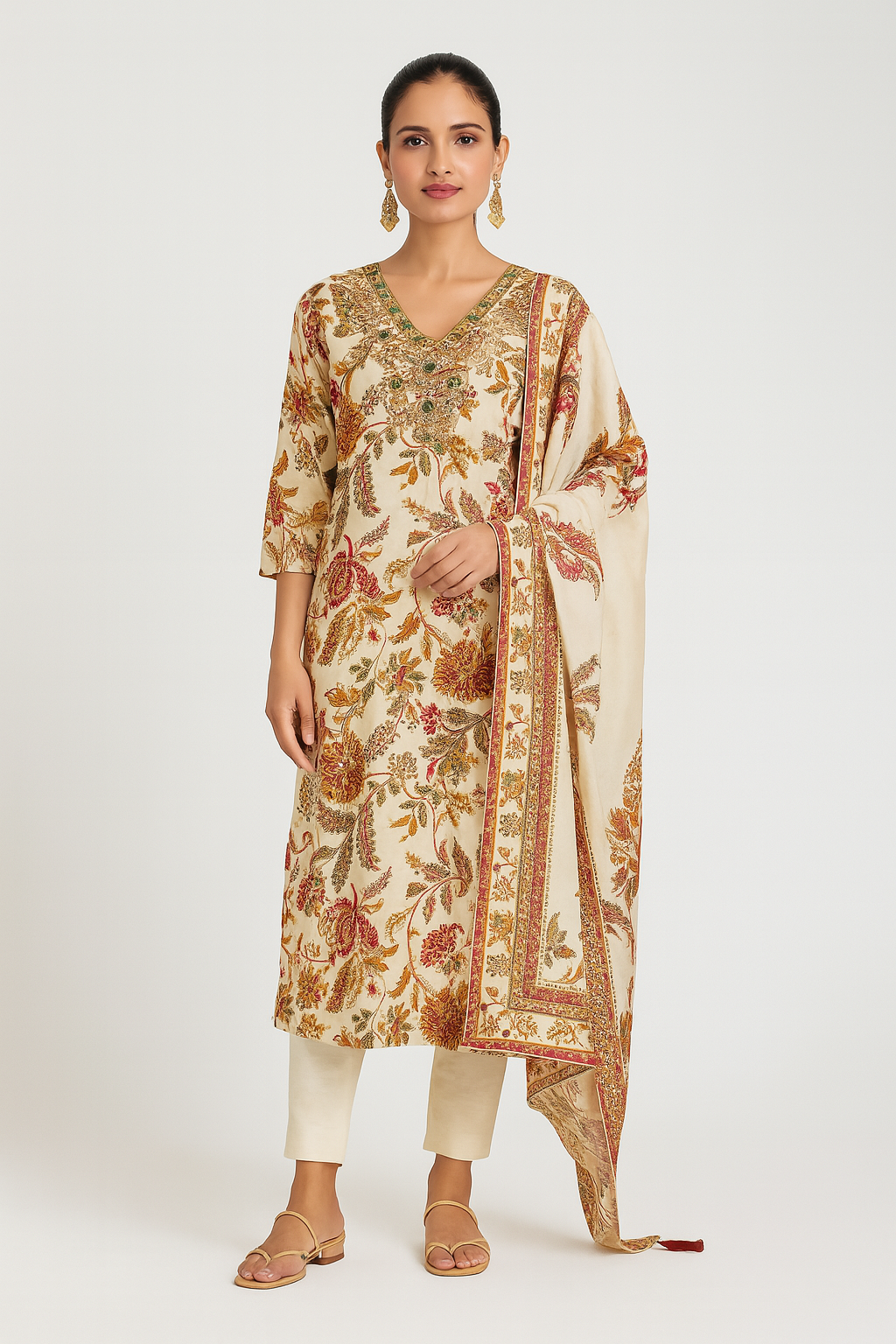 Natural Crepe Kurta Set with Mirror Handwork and Printed Viscose Dupatta – XL to 3XL Sizes