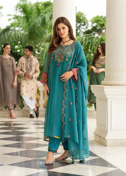 Organza Crush 3-Piece Suit Set with Embroidery, Handwork and Muslin Inner for Women