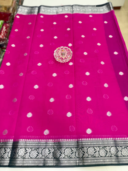 Banarasi semi georgette silk saree with silver zari buti design, contrast pallu and woven border for women