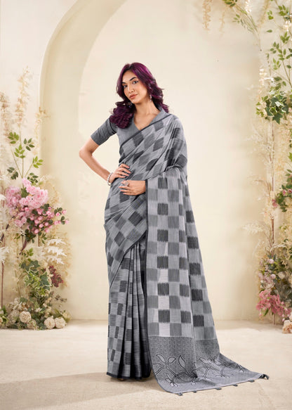 linen silk saree with checked pattern and floral border – lightweight ethnic wear for women