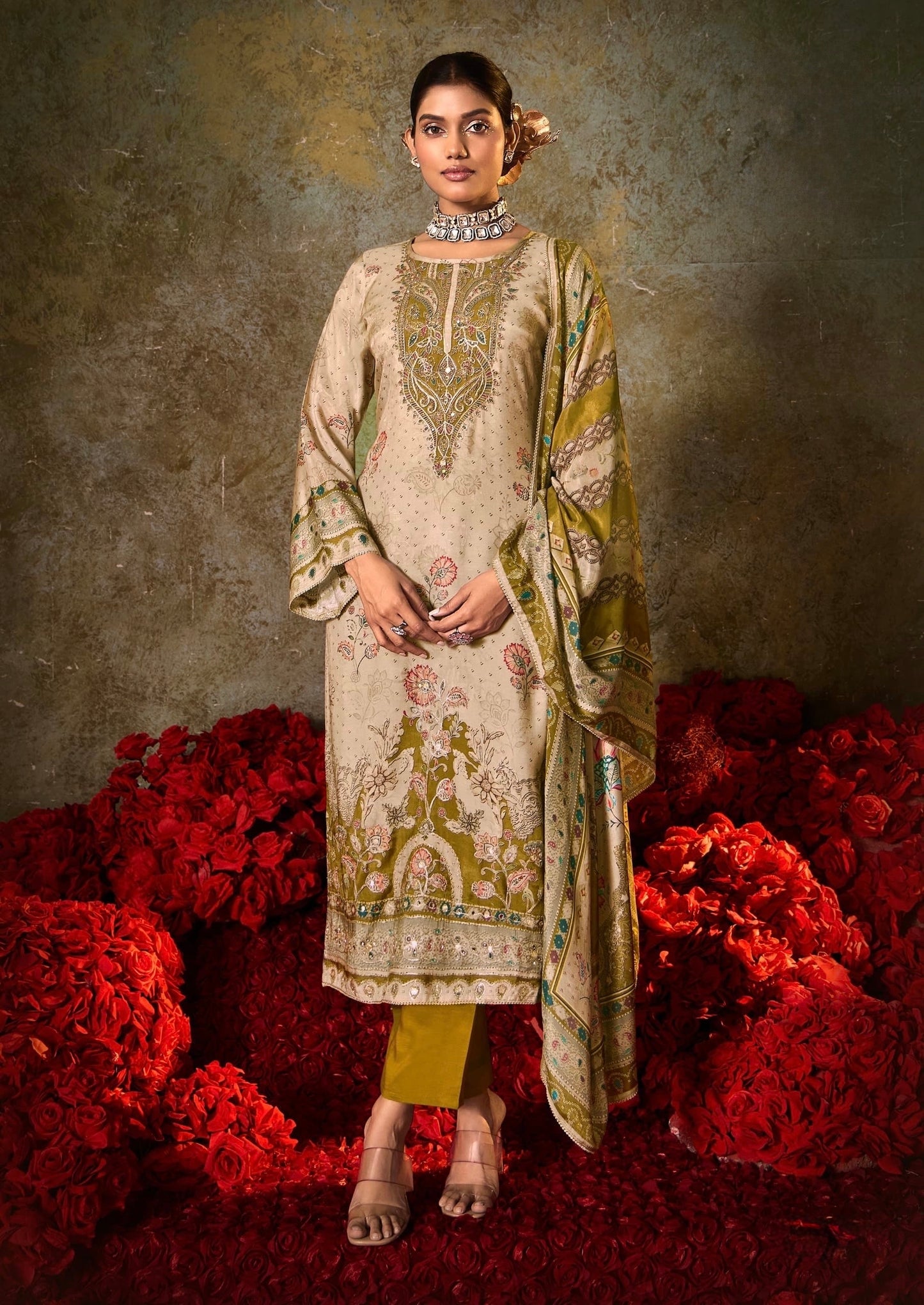 Muslin Digital Print Kurta Pant Dupatta Set with Aari Work and Swarovski Detailing – L to 3XL