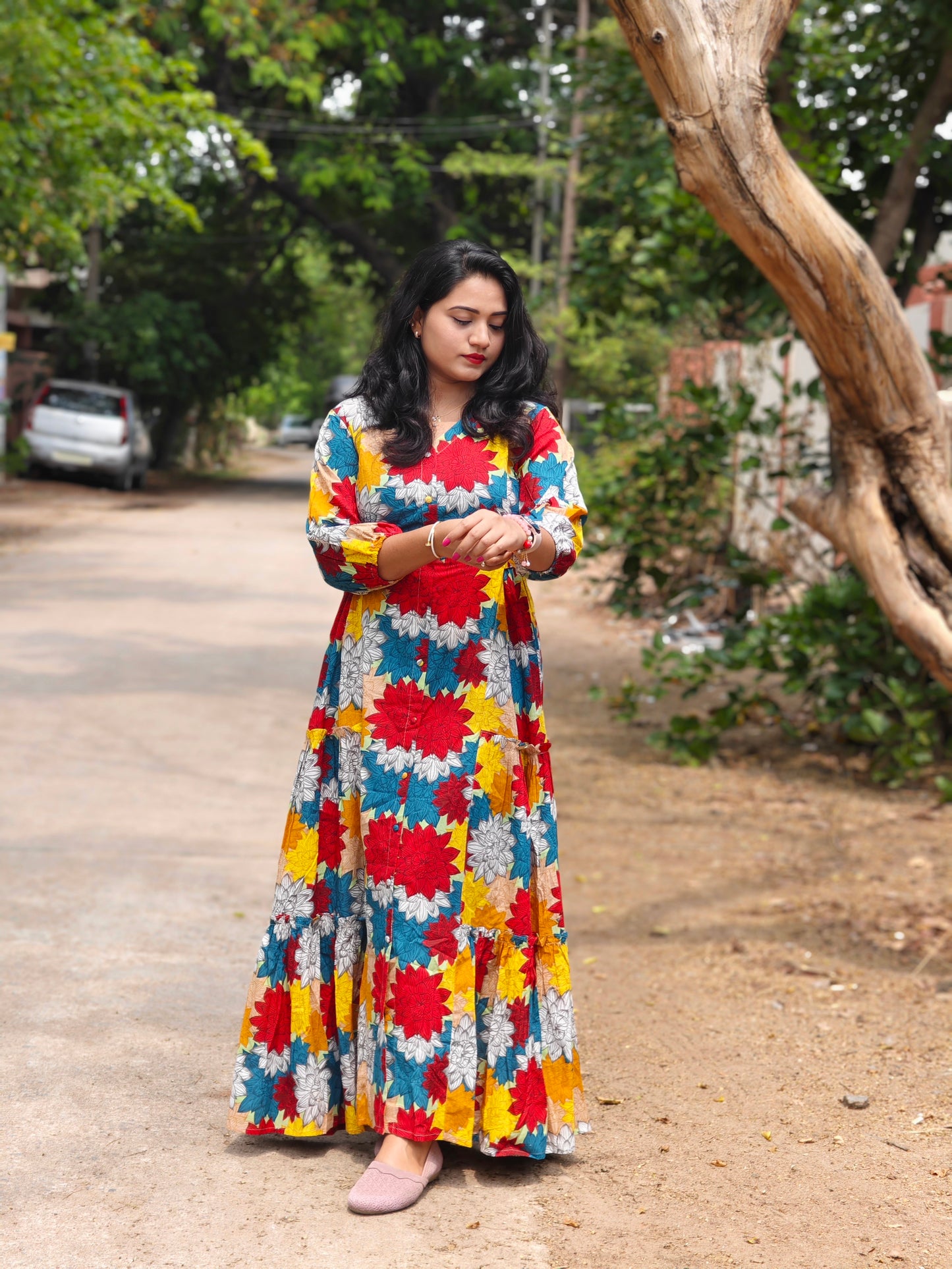 Radiant Blooms Cotton Flared Dress with Multi-Color Floral Panels – Casual & Occasion Wear