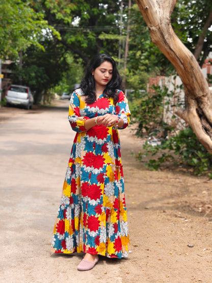 Radiant Blooms Cotton Flared Dress with Multi-Color Floral Panels – Casual & Occasion Wear