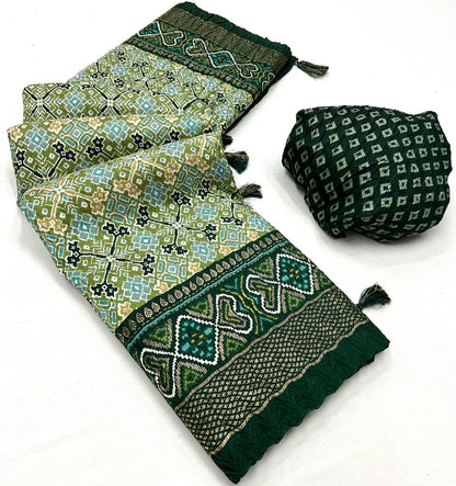 Soft Dola Silk Patola Print Saree with Foil Detailing, Tassel Pallu and Contrast Blouse for Women