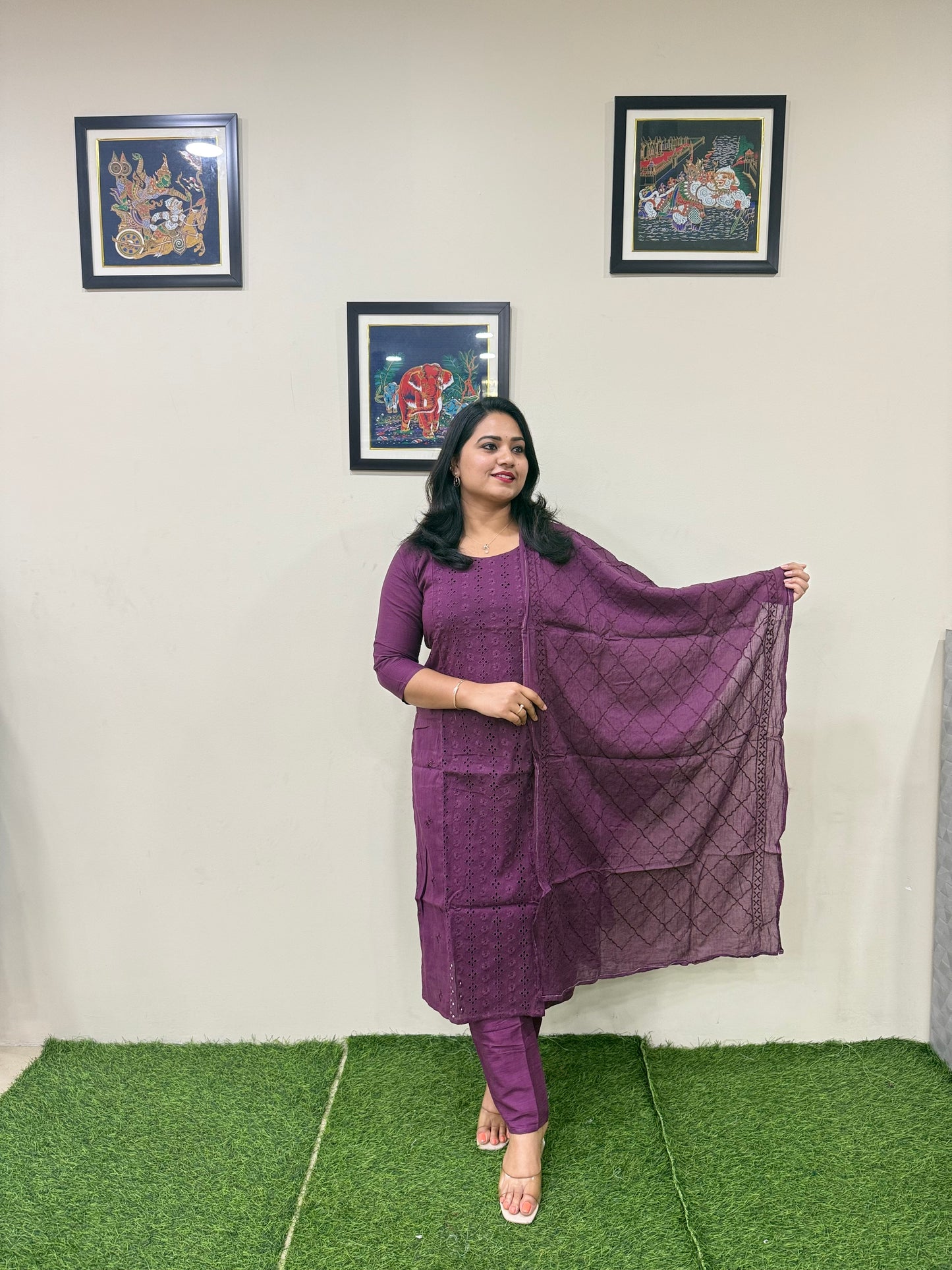 Schiffli Cotton Kurti Pant Dupatta Set for Women – Embroidered 3-Piece Ethnic Wear – Sizes 38 to 46