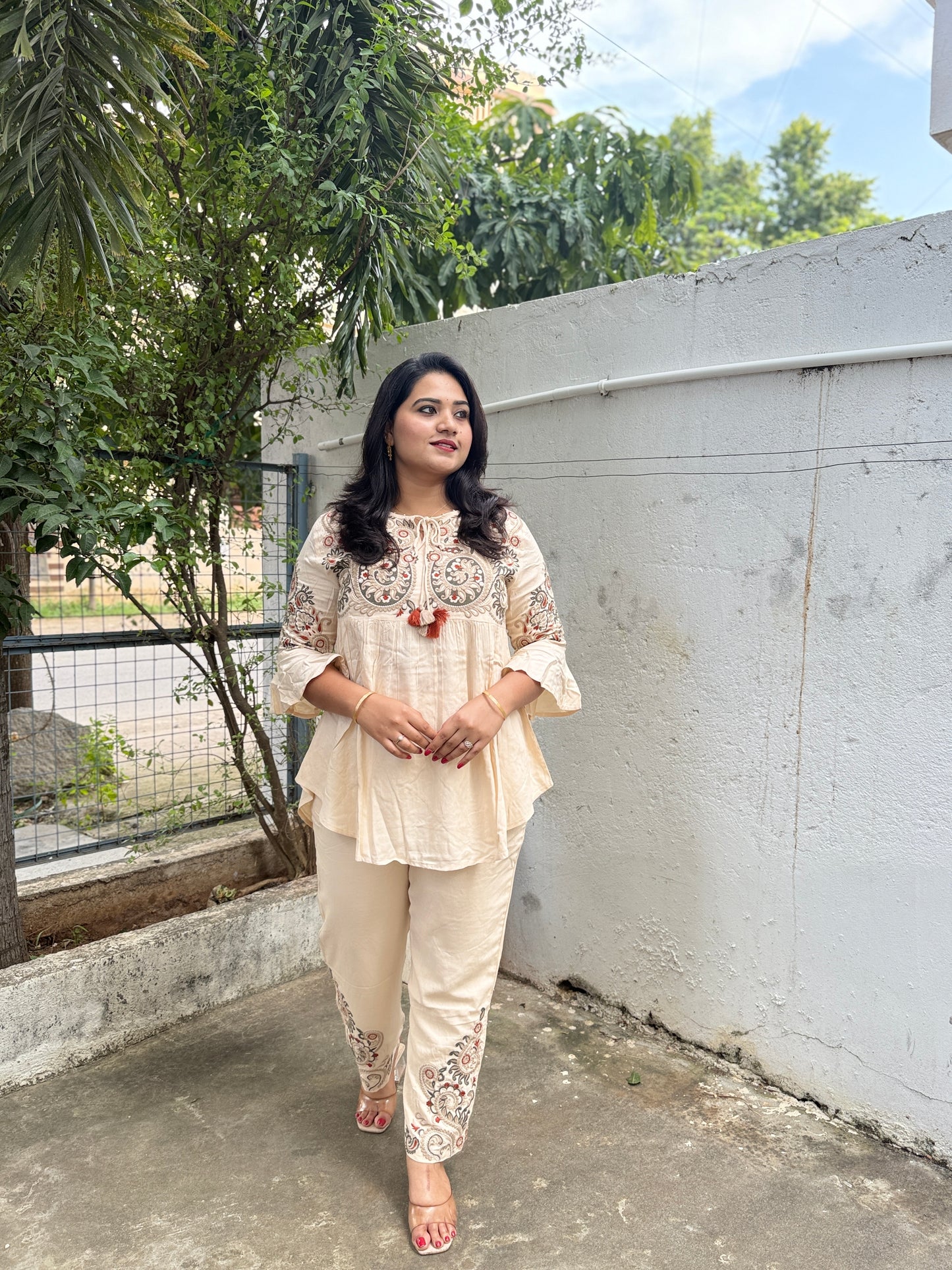 Embroidered Cotton Blend Kurta Pant Set with Bell Sleeves and Hem Work for Women