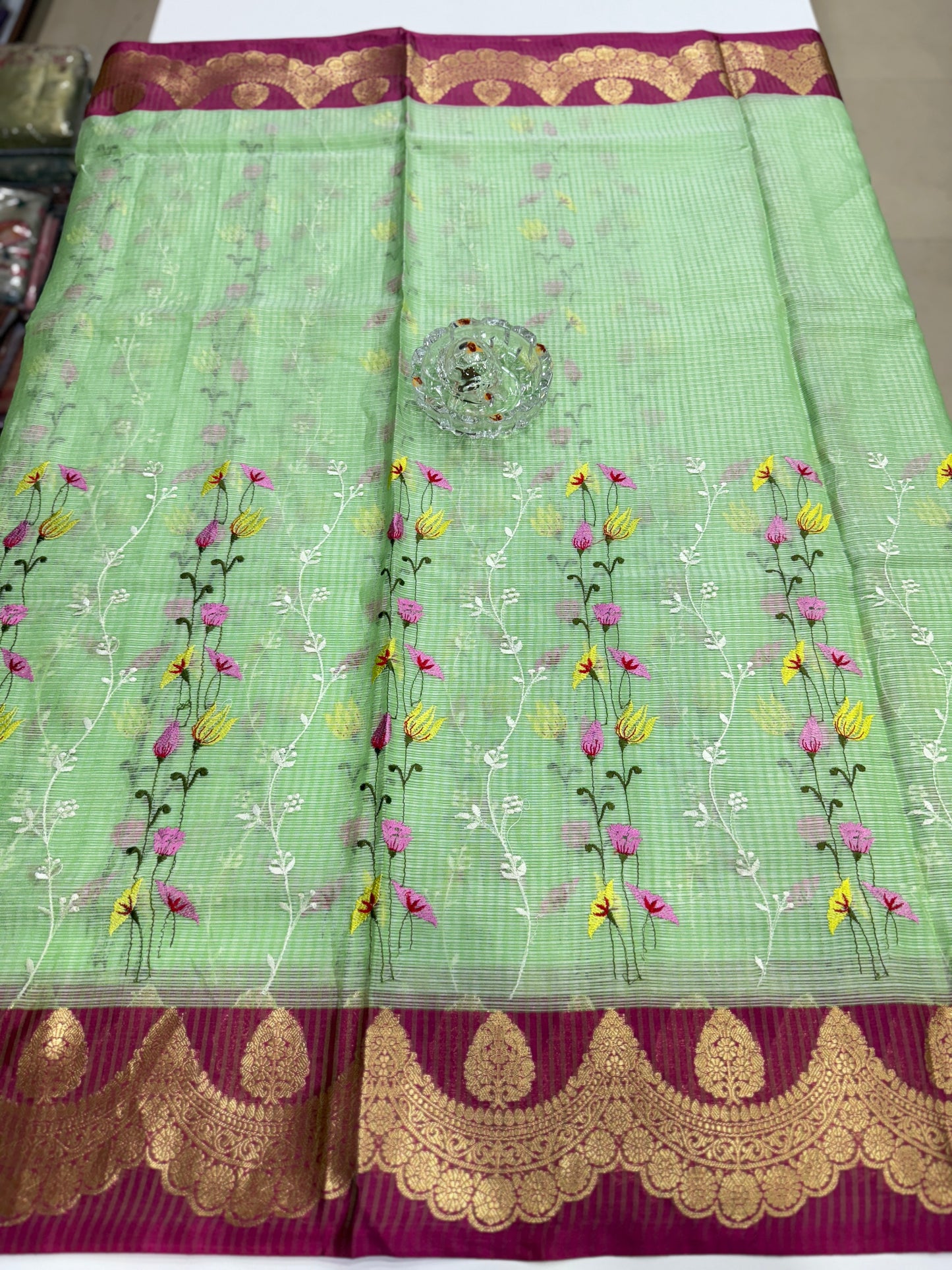 Banarasi handloom Kota check saree with mina embroidery, scalloped border and zari chit pallu