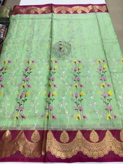 Banarasi handloom Kota check saree with mina embroidery, scalloped border and zari chit pallu