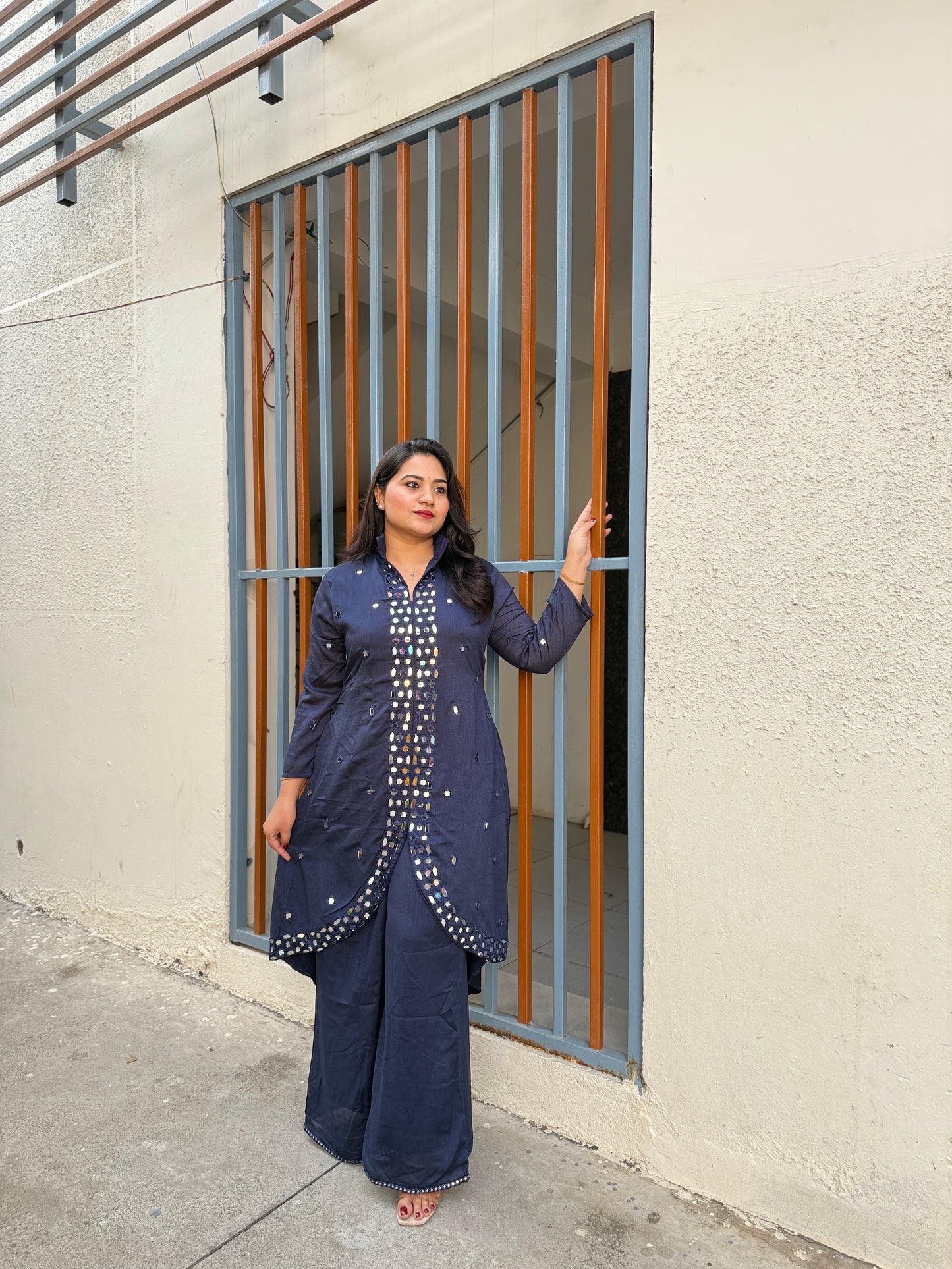 Navy Blue Real Silk Mirror Work Kurta Palazzo Set for Women – Asymmetrical Designer Festive Outfit (XL)