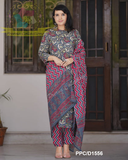 Pure Cotton Floral Kurti Pant Dupatta Set for Women – Printed 3-Piece Ethnic Wear – Sizes 36 38