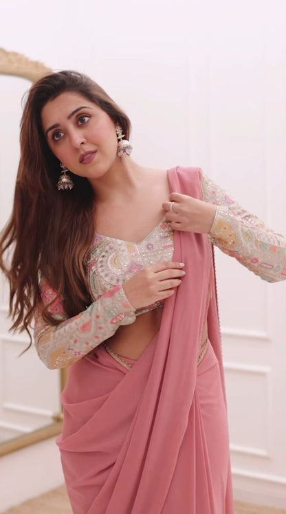 Women’s Georgette Saree with Lace Border and Heavy Embroidery Coding Work Designer Blouse