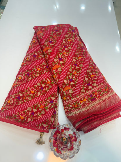 Pure Kaddi Georgette Zari Weaving Saree in Rust Orange with Antique Gold Pattern and Traditional Floral Borders – Festive & Wedding Wear for Women