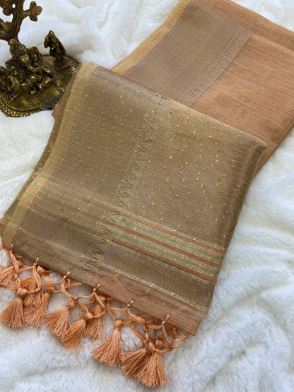 Soft Banarasi Tissue Silk Saree with Sequin Pallu, Gold Border and Running Blouse