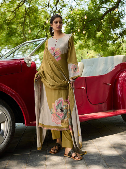 Unstitched Bamberg Muslin Suit Material with Digital Print, Handwork and Pure Muslin Dupatta