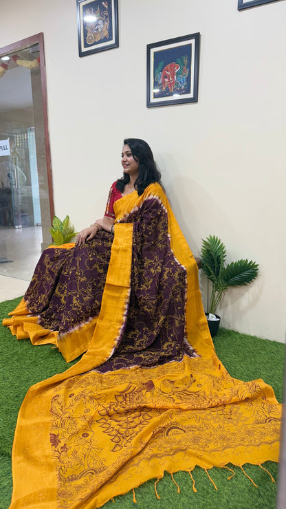 Chennuri Pure Silk Saree with Outline Kalamkari Design and Traditional Kanchi Borders