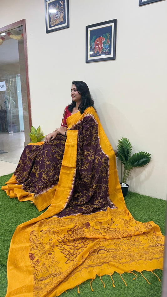 Chennuri Pure Silk Saree with Outline Kalamkari Design and Traditional Kanchi Borders