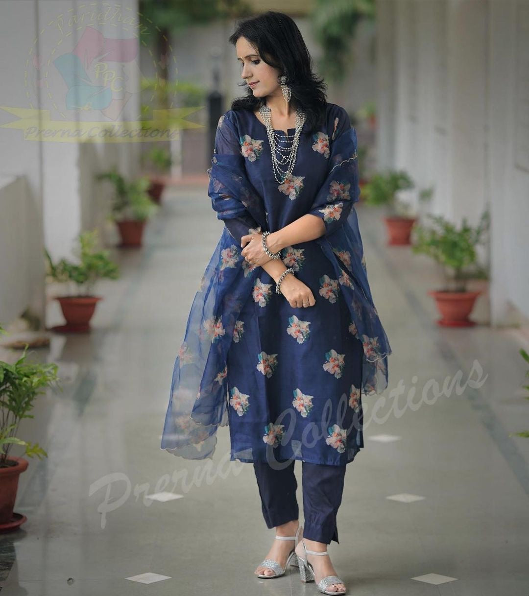 Digital Chanderi Kurti Pant Dupatta Set with Cotton Lining and Organza Dupatta – Sizes 36 to 44