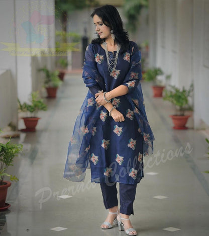Digital Chanderi Kurti Pant Dupatta Set with Cotton Lining and Organza Dupatta – Sizes 36 to 44