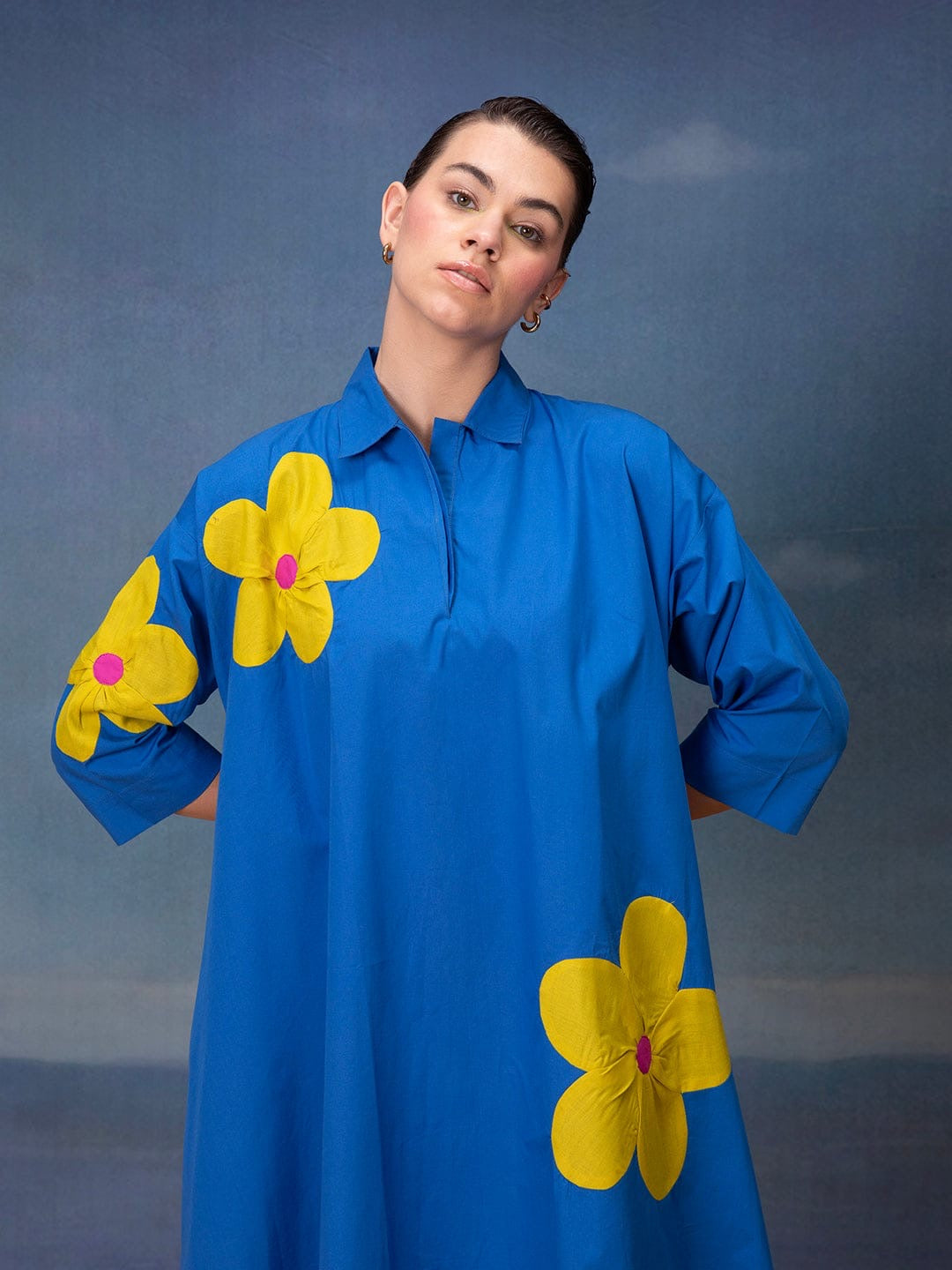 Poplin Cotton Applique Midi Dress with Bold Floral Motifs – Women’s Casual Wear (M to XL)