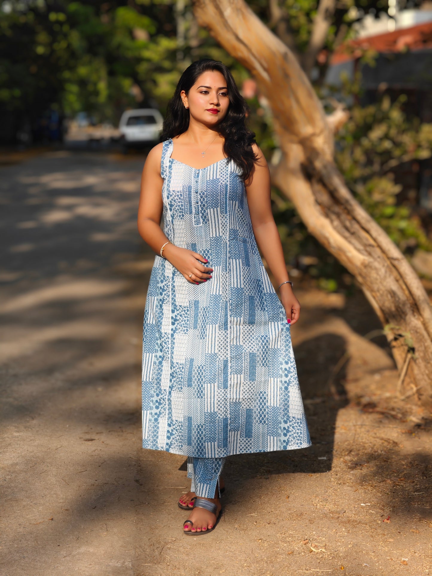 Blue Cotton A-Line Kurta Set with Ethnic Motifs Print for Women