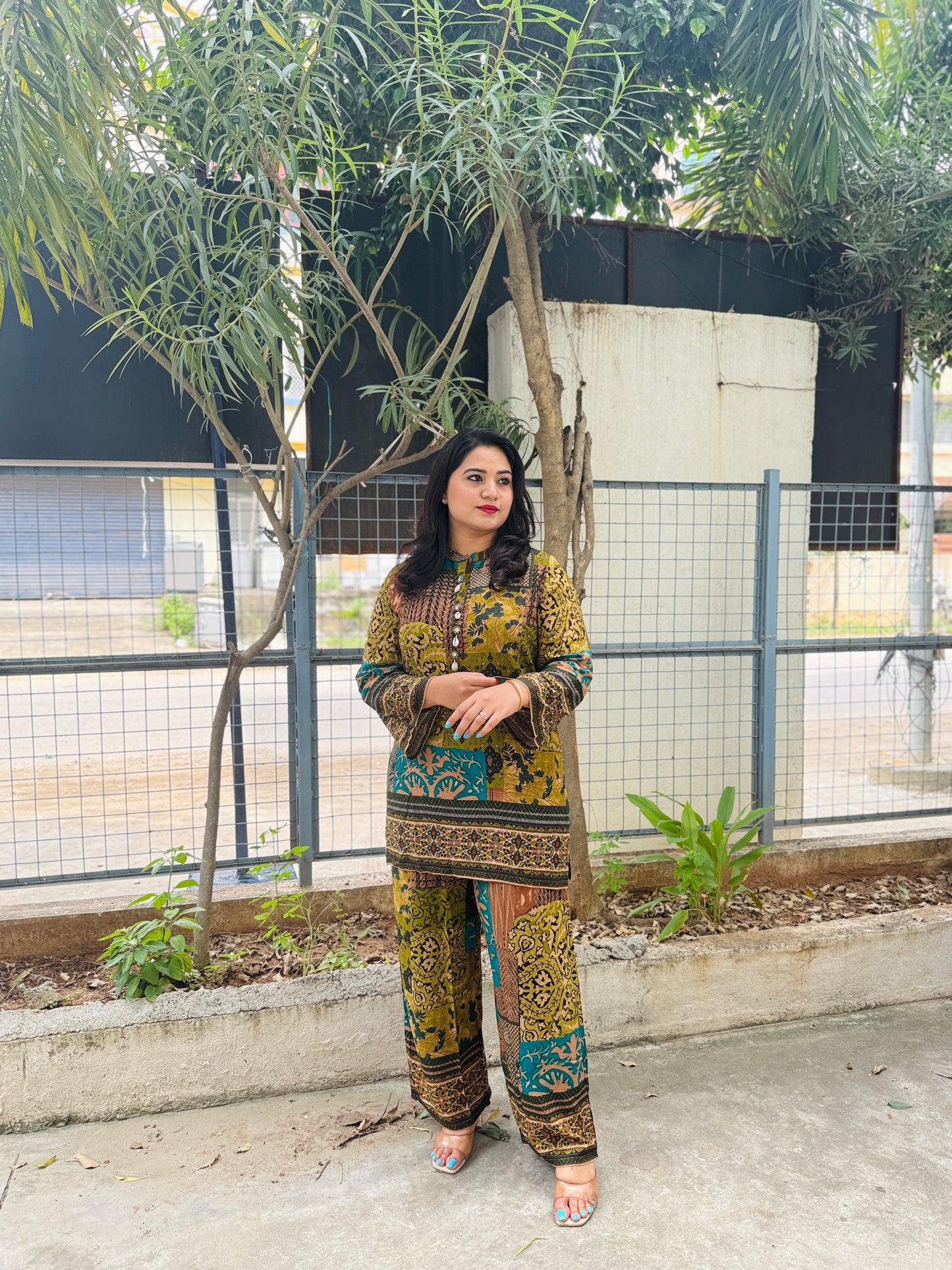 Pure Rayon Co-Ord Set with Floral Patch Digital Print, Kauri Buttons, and Flared Sleeves – Casual Fusion Wear for Women