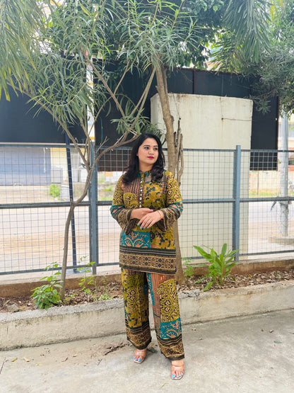 Pure Rayon Co-Ord Set with Floral Patch Digital Print, Kauri Buttons, and Flared Sleeves – Casual Fusion Wear for Women