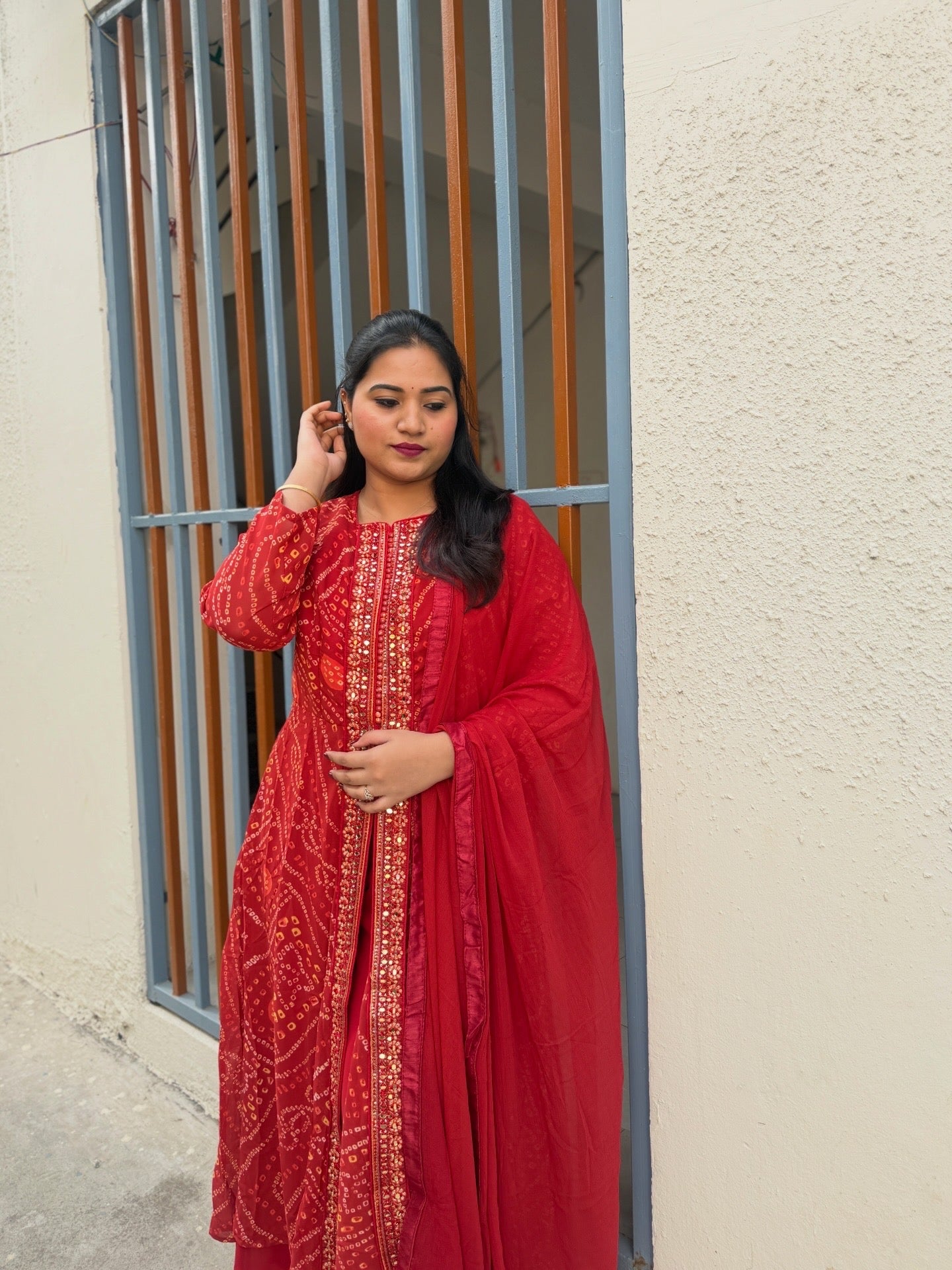 Viscose jacquard silk anarkali suit set with hand embellishment and georgette dupatta – free size stitched