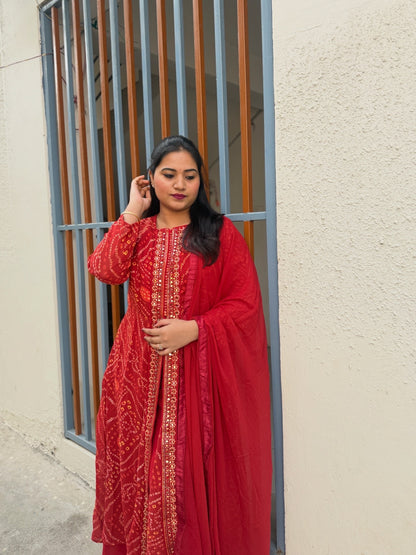 Viscose jacquard silk anarkali suit set with hand embellishment and georgette dupatta – free size stitched