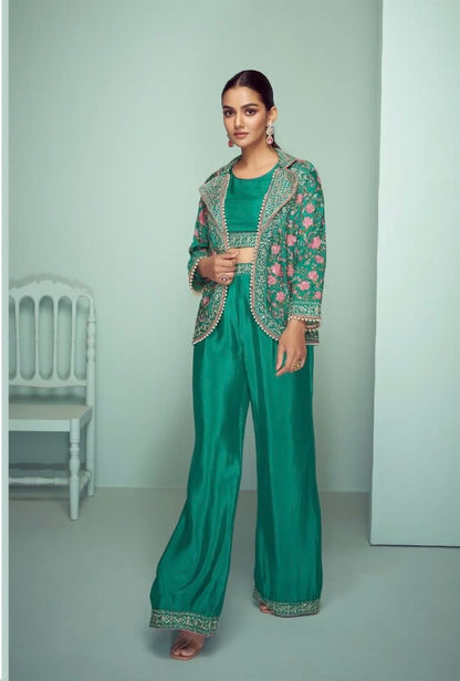 Real Chinon 3-Piece Ethnic Set with Front and Back Embroidery, Mirror Work, and Tassel Lace – Free Size Stitched