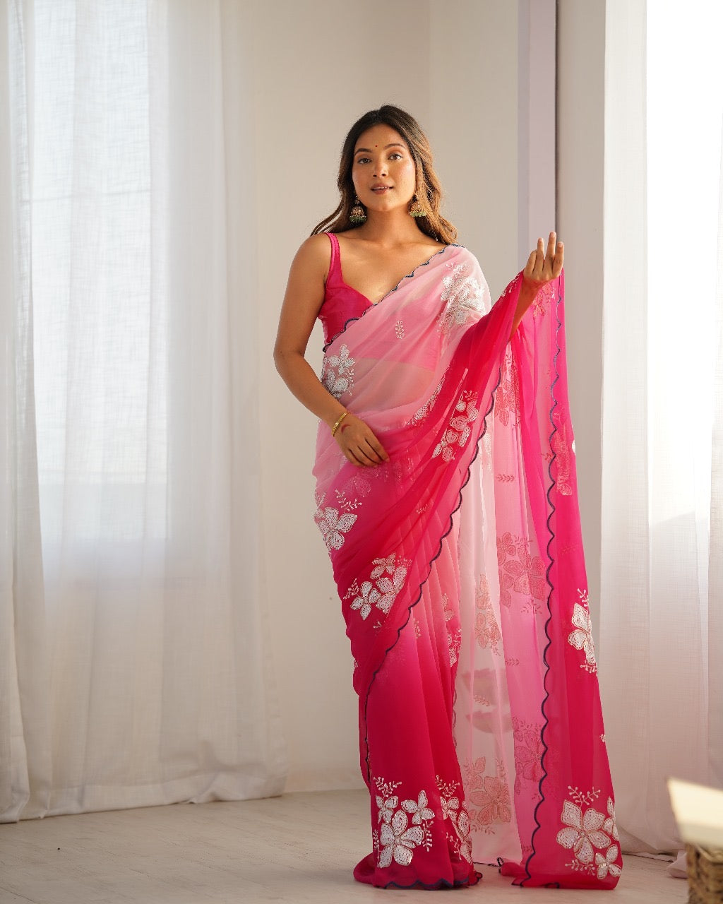 Georgette Saree with Embroidery Work and Satin Blouse for Women