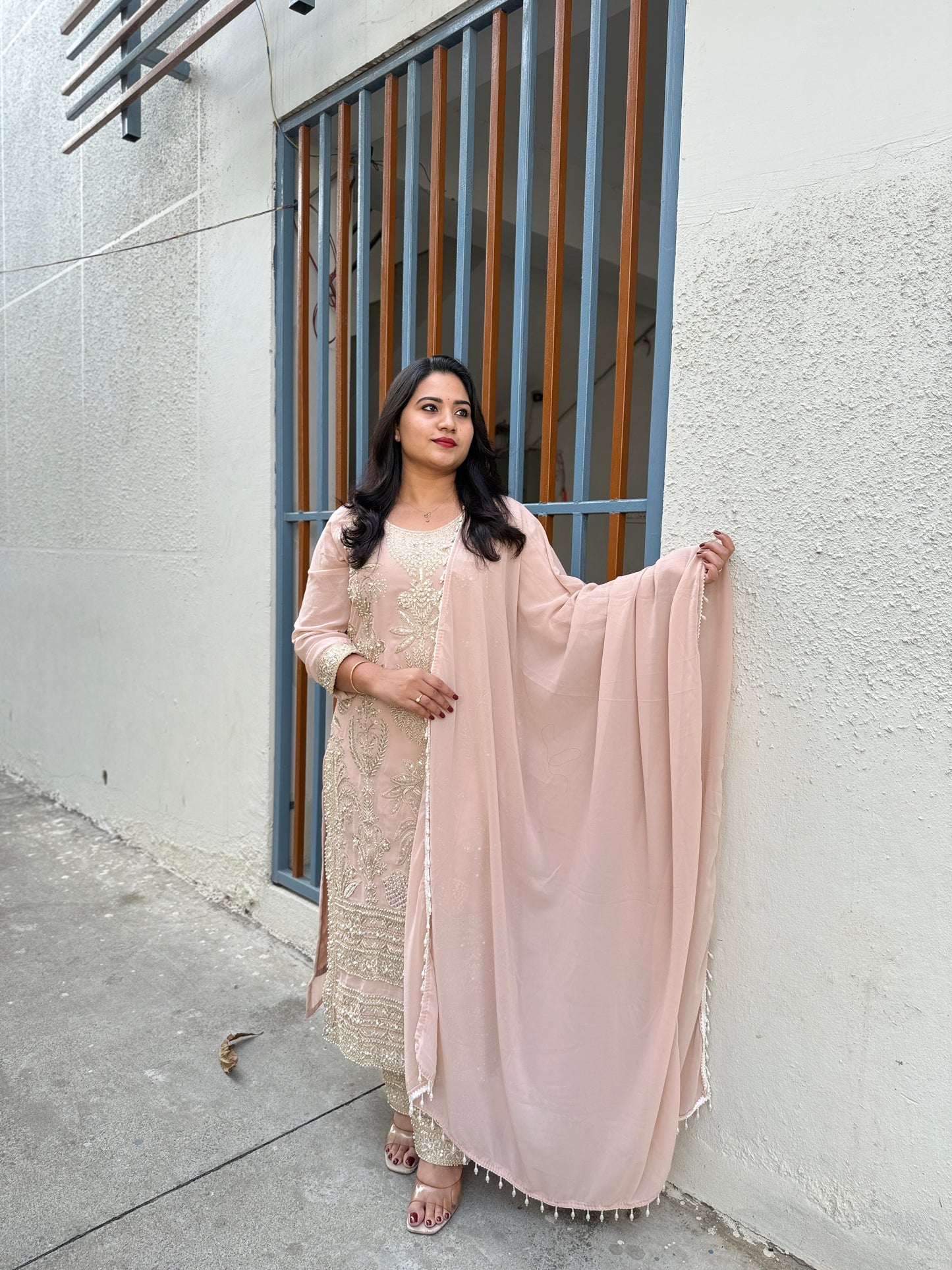 Women’s premium georgette embroidered stitched suit set with beads work and palazzo (XL)