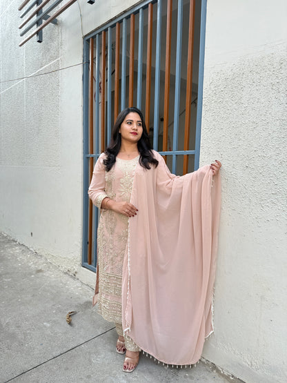 Women’s premium georgette embroidered stitched suit set with beads work and palazzo (XL)