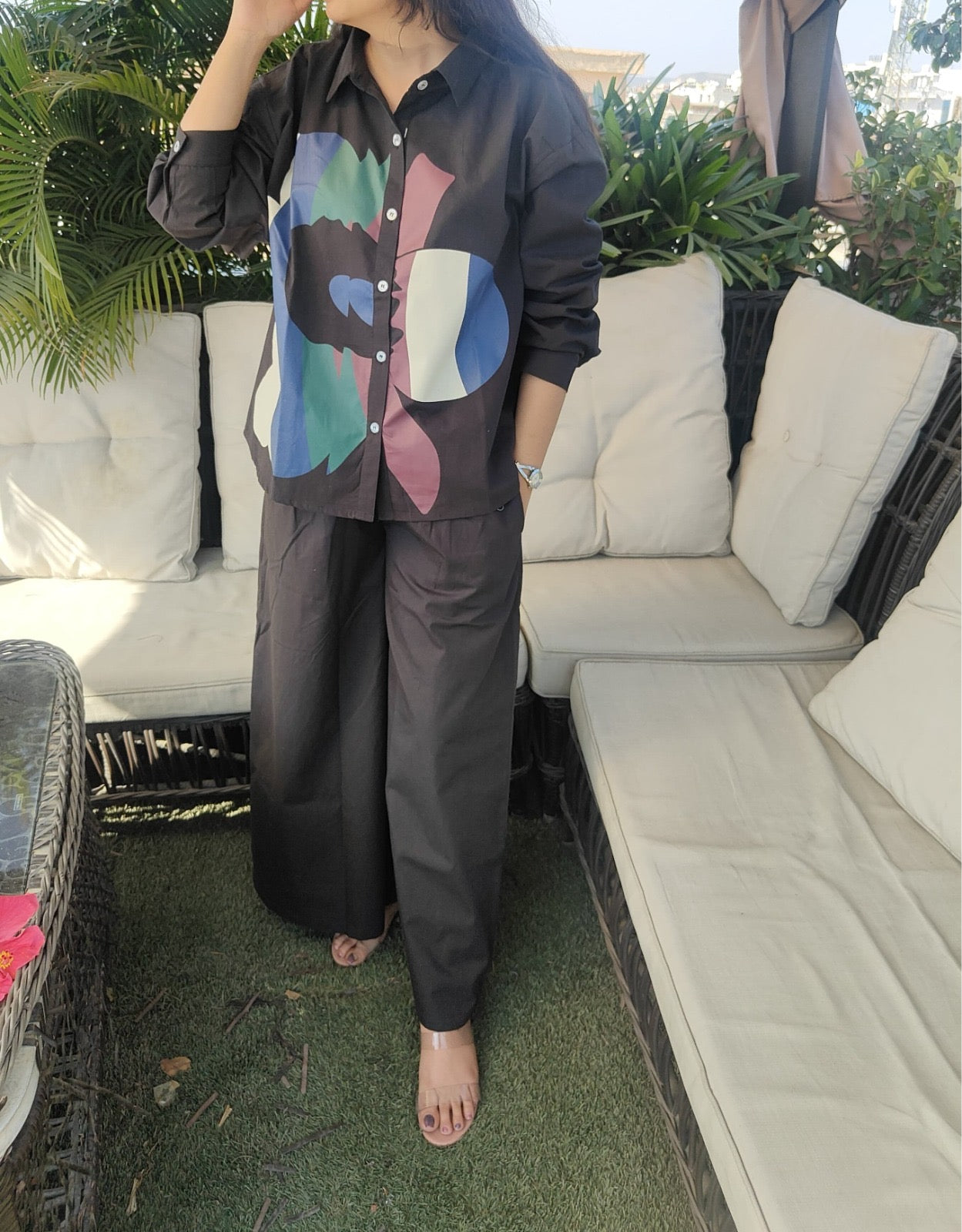 Premium Poplin Co-ord Set for Women with Abstract Print Shirt and Wide-Leg Pants – Smart Casual Outfit