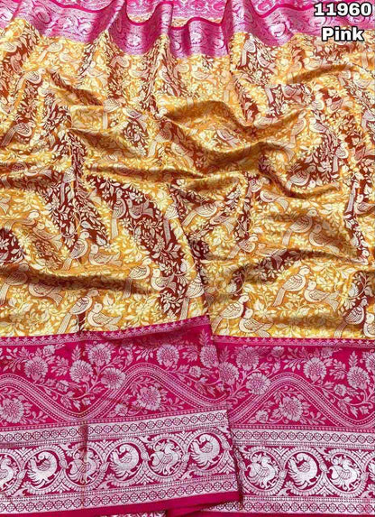 Kanjivaram Pattu Silk Saree with Pure Silver Zari Weaving, Contrast Border and Blouse for Women