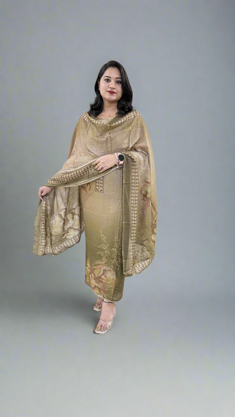 Unstitched Viscose Muslin Shimmer Dress Material with Digital Print, Aari Sequins Mirror Work and Dupatta