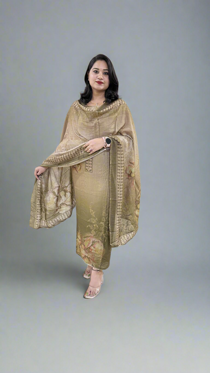 Unstitched Viscose Muslin Shimmer Dress Material with Digital Print, Aari Sequins Mirror Work and Dupatta