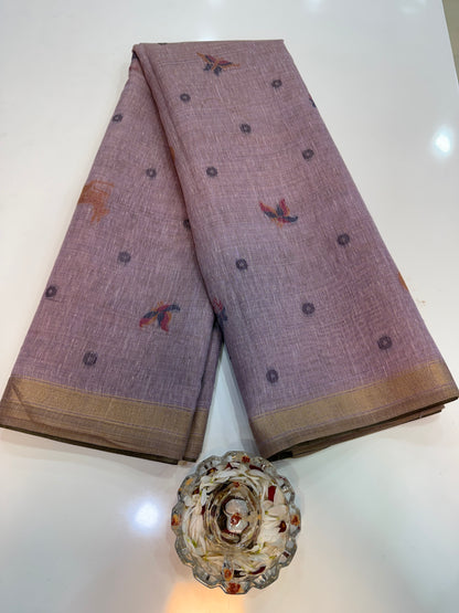 Linen Paithani style printed saree with floral tree border and tassel pallu, women’s festive daily wear saree