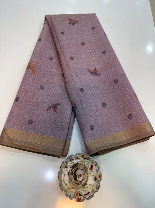 Linen Paithani style printed saree with floral tree border and tassel pallu, women’s festive daily wear saree