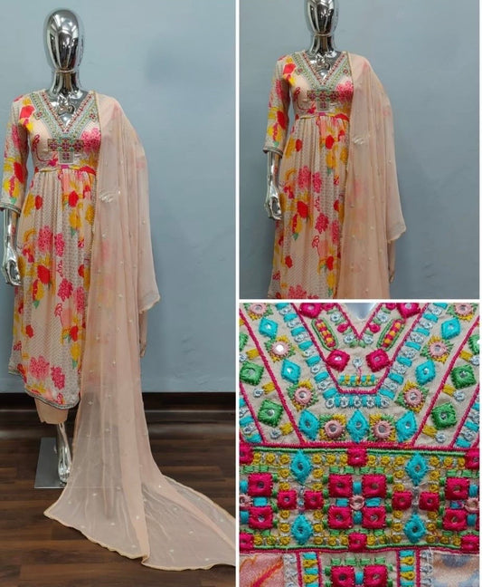 Chinon Chiffon Alia Kurti Pant Dupatta Set with Embroidery for Women – M to 2XL