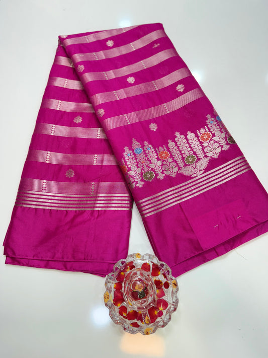 Banarasi Semi Katan Silk Saree with Meenakari Satin Border and Gold Zari Weaving – Traditional Festive Saree for Women