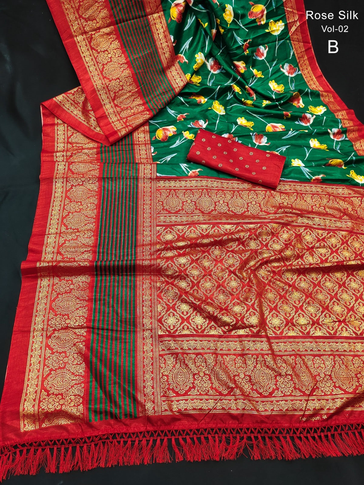 Dola Silk Saree with Kalamkari Patola Digital Print and Gold Zari Foil Border