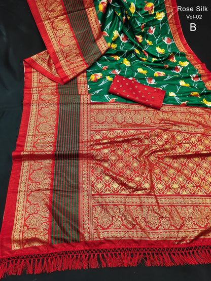 Dola Silk Saree with Kalamkari Patola Digital Print and Gold Zari Foil Border